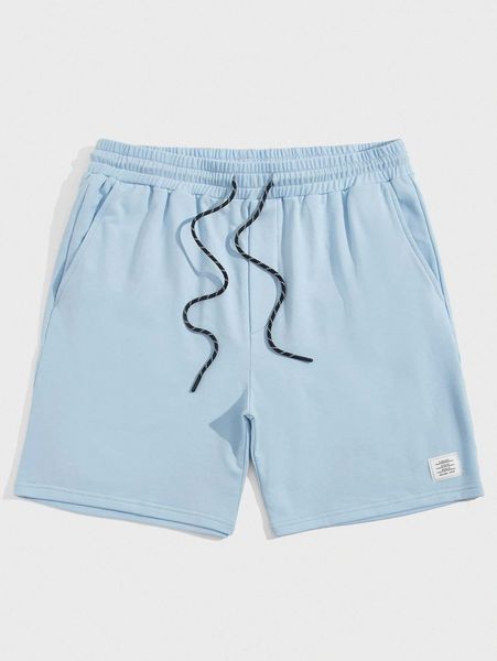 

men solid patched detail drawstring waist shorts l5qy#, Black