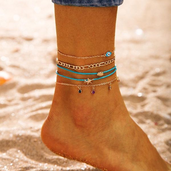 

anklets fashion creative anklet starfish shell eyes color rhinestone tassel 5 piece set summer jewelry, Red;blue