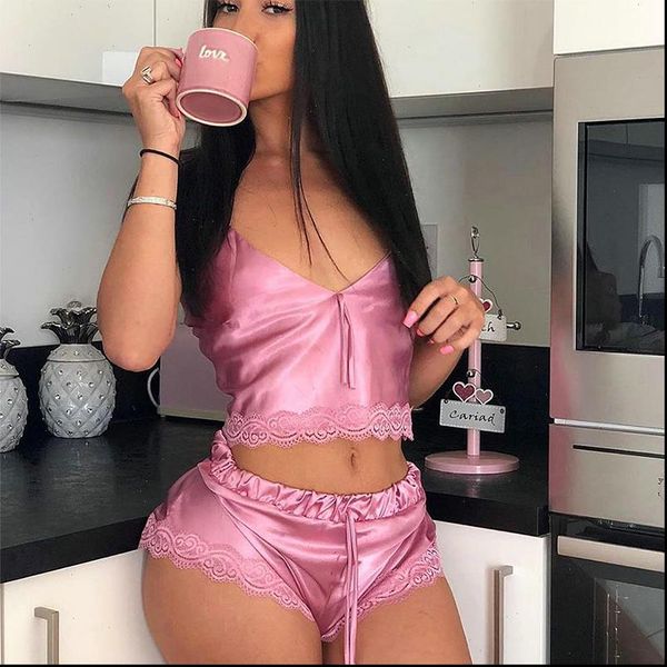 

2 piece satin silk womens sleepwears pajama set sleeveless pyjamas sleep lace pijama suit sleepwear for women nighties, Black;red