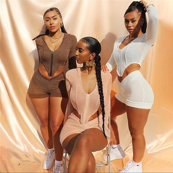 

women's tracksuits dirtylily women solid sporty zipper tracksuit hooded long sleeve crop shorts matching set fitness casual 2 piece out, Gray