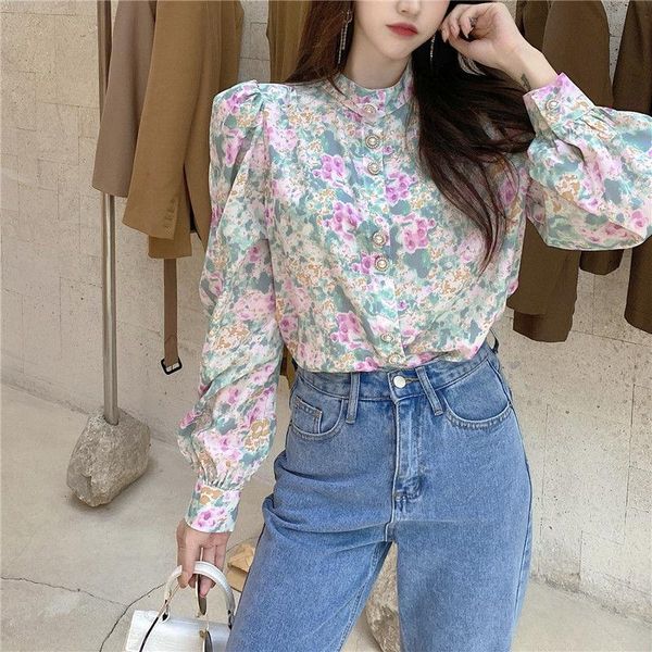 

women's blouses & shirts spring vintage slim white print office lady lantern sleeve elegance stand collar button chic female