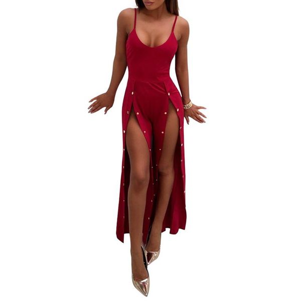 

women's jumpsuits & rompers solid camisole night party jumpsuit women casual high split bodysuit lady fashion rivet playsuit femme over, Black;white