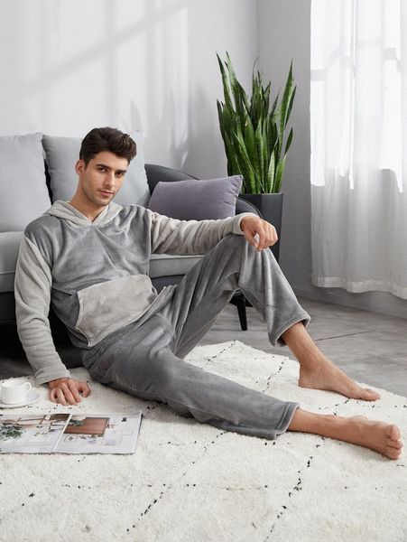 

men two tone hooded flannel & pants pj set p5nm#, Black;brown