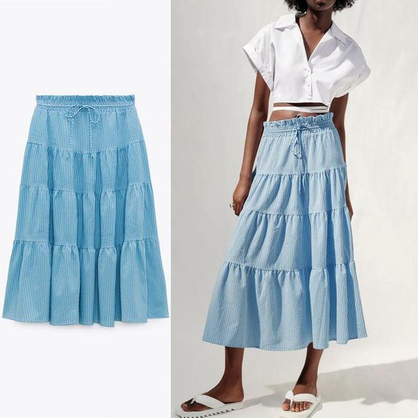 

summer tiered plaid blue skirt women high waist adjustable elastic drawstring skirts fashion loose pleat, Black