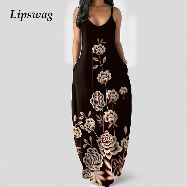 

elegant summer pocket sleeveless long dress women backless party dress ladies casual vintage floral print loose maxi dresshigh quality, Black;gray