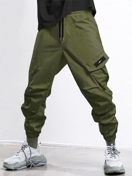 

men lightning patched detail flap pocket drawstring waist pants k4m3#, Black