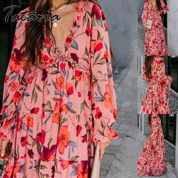 Boho Çiçek Baskı Uzun Maxi Elbise Kadın Rahat Gevşek Ayak Bileği Uzunlukta Fırfır V Yaka Sleeve Elbiseler Kadın Şifon Vestidos 210514