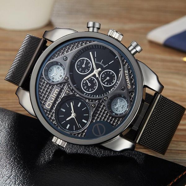 

wristwatches oulm watch men big case quartz analog clock 2 time zone watches full black steel strap army reloj hombre, Slivery;brown