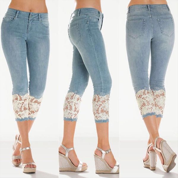 

plus size 5xl summer women capris lace skinny stretch cropped leggings trousers 3 4 length jeans, Black;white