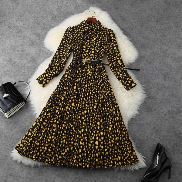 

fashion woman clothes spring runway shirt designers collar impression heart plied robe femme midi party dress, Black;gray