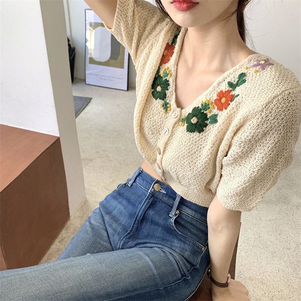 

comelsweet high waist retro chic thin knitted all match vintage embroidery flower summer leisure short sweaters 210515, White