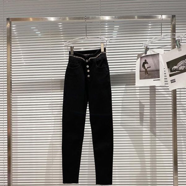 

women's jeans rivets high waist womens black single breasted slim fit elastic denim pants fashion pencil casual trousers female, Blue