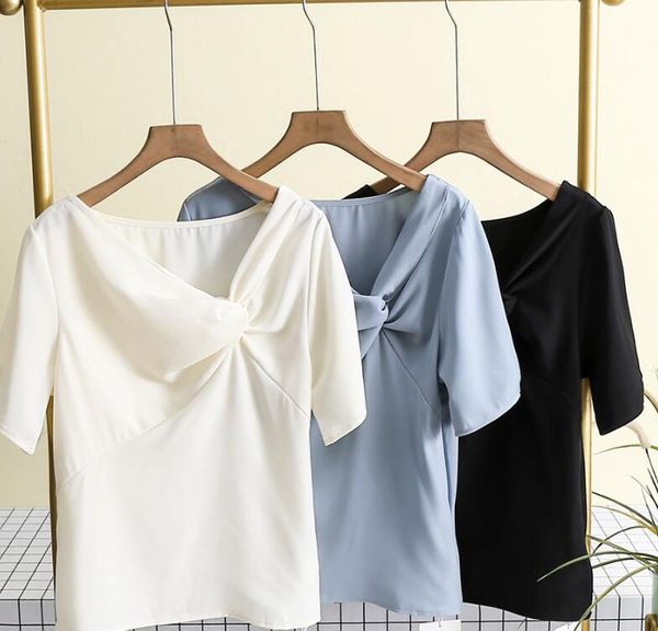 

christian women's max t-shirt office designer acetate high stretch silk summer white v-neck mara short sleeve top
