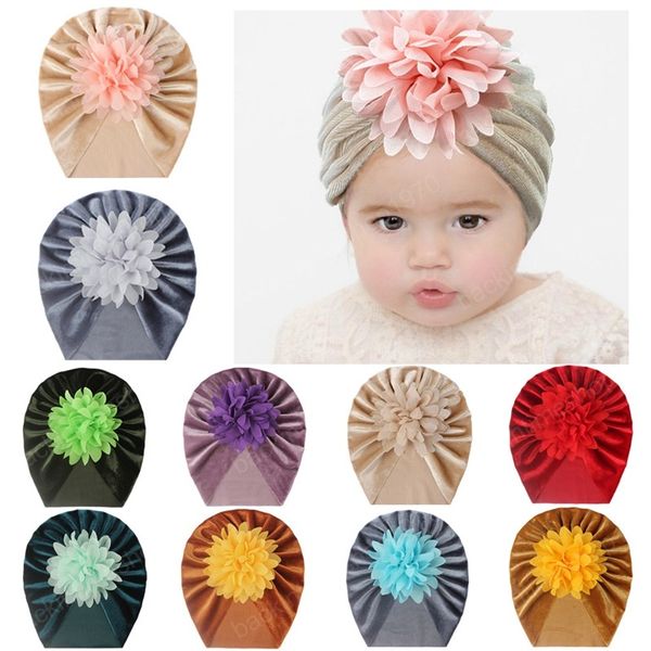 Adorável Handmade Flores Infantil Caps Confortável Soft Gold Veludo Bonés Fashion Baby Meninas Turbante Crianças Headwear