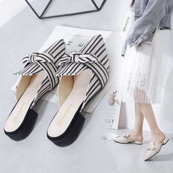 

slippers, women's fashion, baotou, feet, shoes, bow-knot, low-heeled, color-blocking, half-drag personality selling slippers, Black