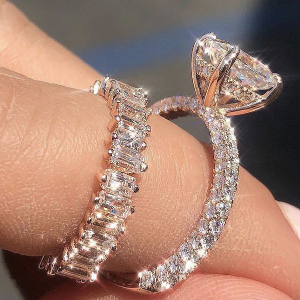 Banda anéis dedo 925 esterling prata noivado casamento anel de pedra luxo pave esmeralda corte diamante jóias de platina atacado