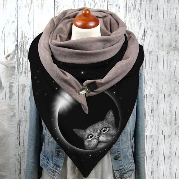 

scarves cute cat prints women's scarf fashion universal autumn winter keep warm button wraps windproof double-layer buckle, Blue;gray