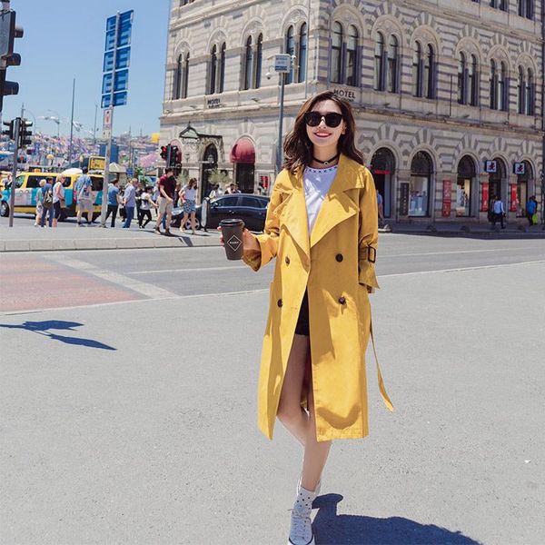

women's trench coats 2021 women medium long solid with belt female double breasted loose yellow coat full sleeve turn-down collar stree, Tan;black