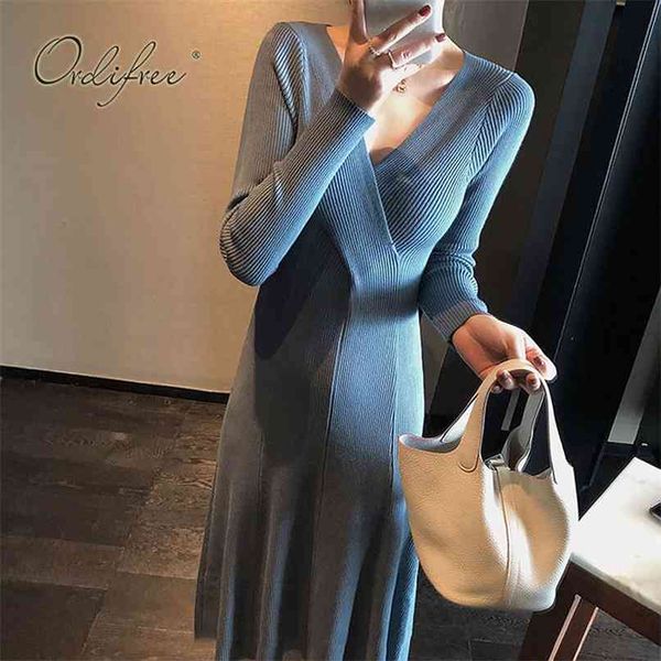 

autumn women knitted dress long sleeve slim basic warm sweater 210513, Black;gray