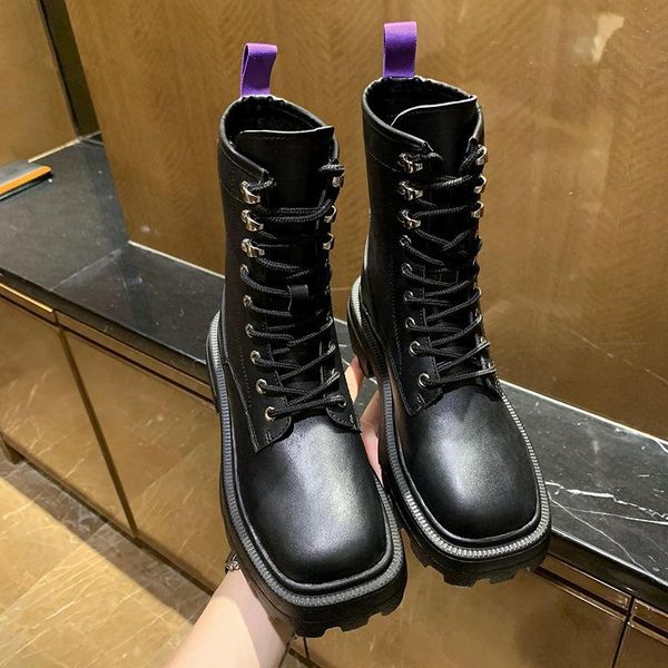 

boots square toe ankle fashion chunky platform lace up motorcycle woman shoes nice autumn winter women pu leather, Black