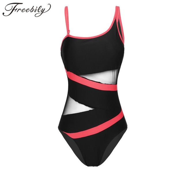 

women one piece swimsuit monikini swimwear shoulder sleeveless mesh patchwork padded push up one-piece swimming bathing suit suits