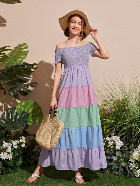 

teen girls striped print off shoulder dress she, Red;yellow
