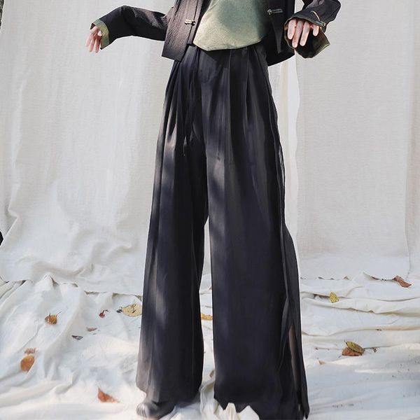 

women's pants & capris lanmrem can ship lightweight cupro high waist straight for women black wide leg vent trousers 2021 spring yh984, Black;white