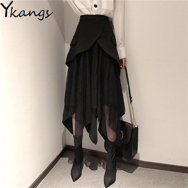 

korean vintage gothic patchwork suit pocket pleated skirt women high waist ladies office a-line irregular midi long black 210421