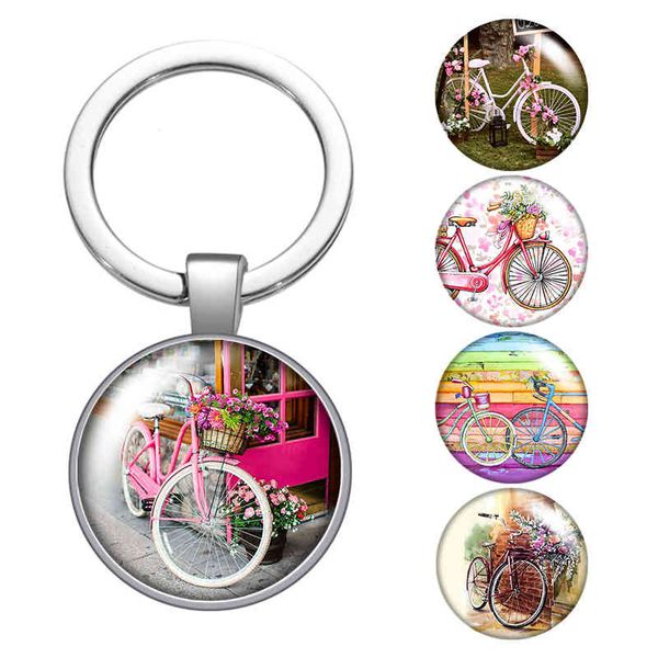 

bicycle love leisurely life travel glass cabochon keychain bag car key rings holder silver plated key chains men women gifts