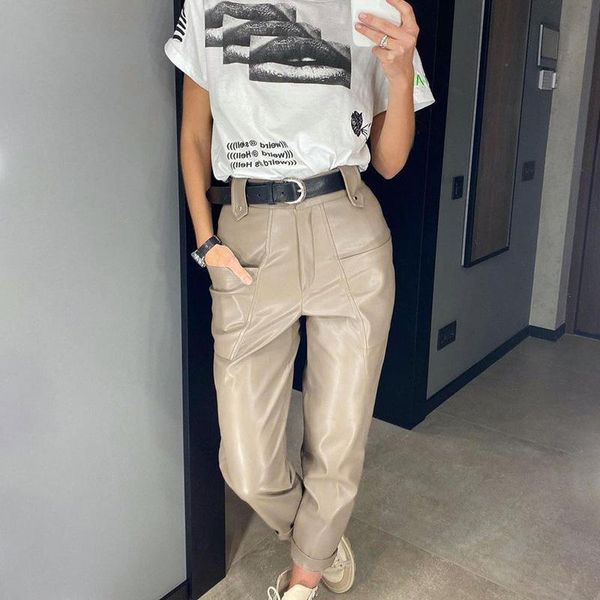 

women's pants & capris women pu solid color big pocket high waist straight leather autumn daily commuting fit black/beige, Black;white