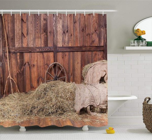 

shower curtains barn wood wagon wheel curtain, rural old horse stable interior hay planks image print