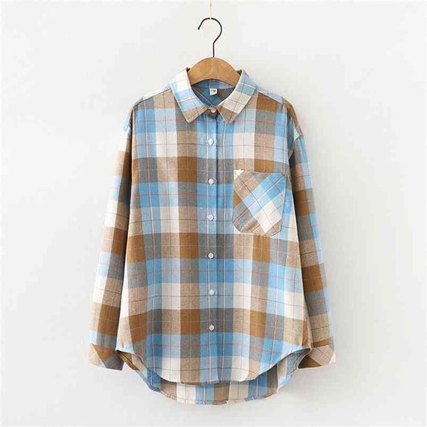 

hsa women vintage harajuku button plaid shirt long sleeve turn-down collar blouse feminina blusa mujer 210430, White