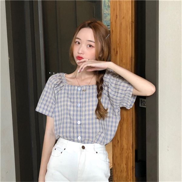 

vintage basic casual loose fashioin button line square neck fashion women female shirts 210426, White