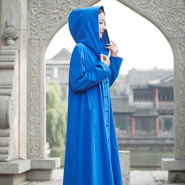 

women's trench coats autumn winter women cape poncho fashion cloak hood linen cotton blended chinese style loose baggy long coat robes, Tan;black