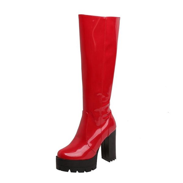 

boots super high heel xl lacquer plain simple thick winter women's 2021 autumn and shoes, Black