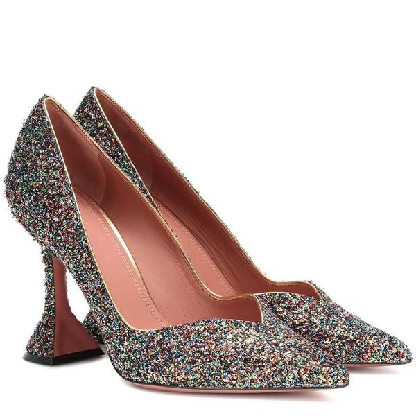 

silver glittery bling party shoes strange high heel pointed toe autumn pumps v-shape shallow basic women dress, Black