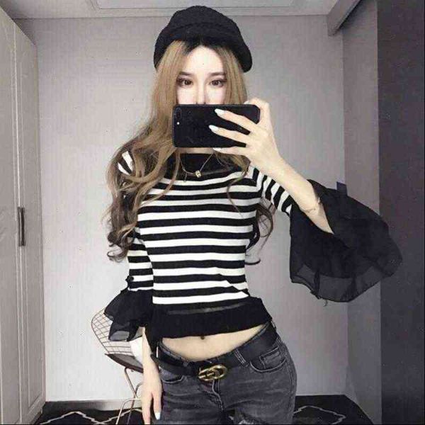 

sweet striped womens sweater ruffles knitted shirts o neck flare sleeve stitching bowtie pullover spring, White;black