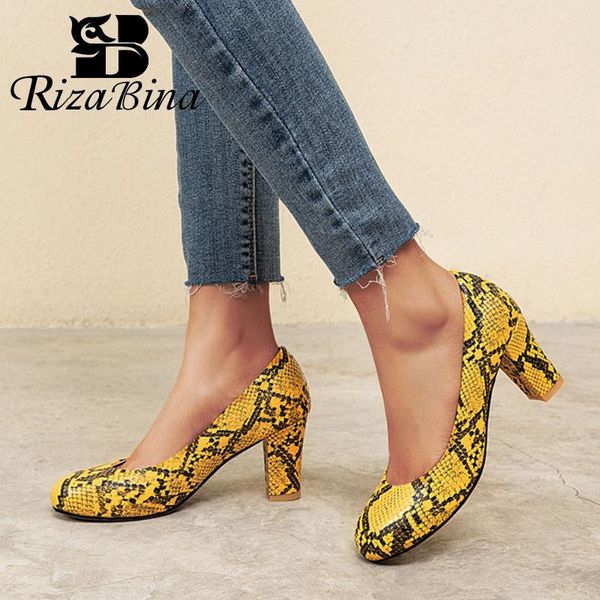 

dress shoes rizabina size 31-47 women pumps arrival snake print shallow mouth fashion thick heels slip on footwear, Black