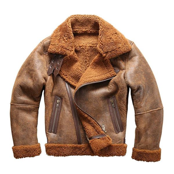 

men's leather & faux 8006 european size super warm genuine sheep jacket mens big b3 shearling bomber military fur, Black