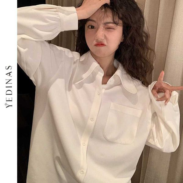 

yedinas elegant lantern sleeve white blouse women spring long solid oversided shirt hararuju pocket ladies blouses 210527