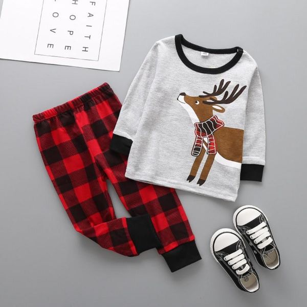 

pajamas baby kids boys girls christmas elk pattern outfits set long sleeve blouse +trousers sleepwear style, Blue;red