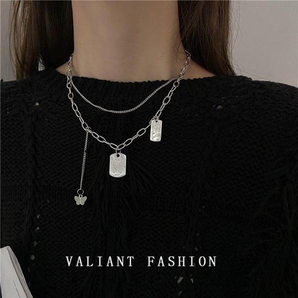 

pendant necklaces wholesale women jewelry metal tassel butterfly square brand necklace hip hop stainless steel double layer, Silver
