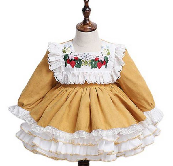 

girl's dresses 2022 flower girl dress winter style with cotton embroidery lace sweet cute birthday party one-year-old baby long sleeve, Red;yellow