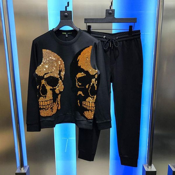 

men's tracksuits male streetwear cotton winter sets track suit skull shiny crossbones super dalian hoodie + pants outdoor sweatshirts, Gray