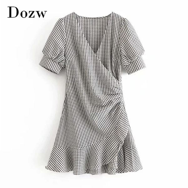 

women v neck plaid dress summer lantern short sleeve elegant mini dress lady side zipper pleated a line dress sundress 210414, Black;gray