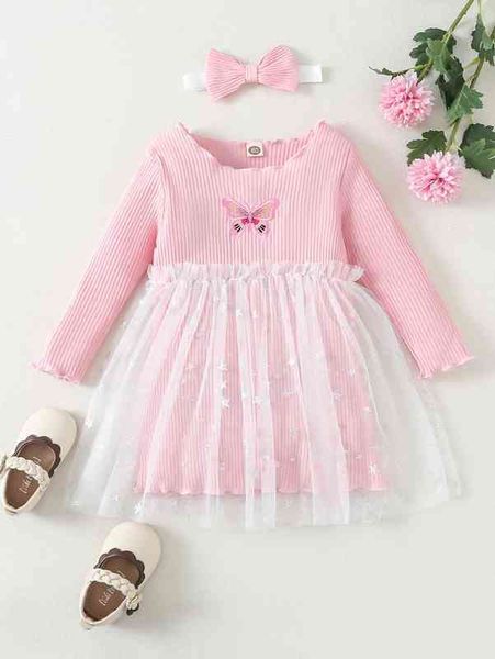 

baby butterfly embroidery contrast star mesh dress & headband she, Red;yellow