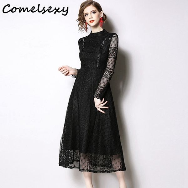 

spring elegant hollow out lace dress women stand collar casual a-line dresses wear to work vestidos black blue 3xl 210515, Black;gray