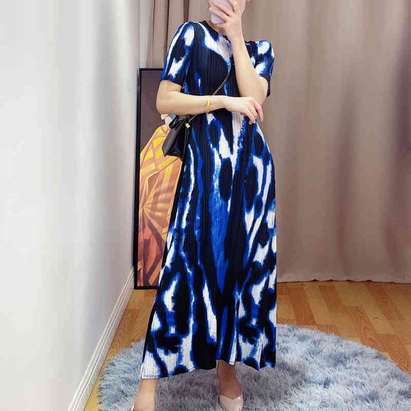 

dresses new short sleeves print women dress miyak pleated fashion o-neck sleeve elastic waist female dresses tide, Black;gray