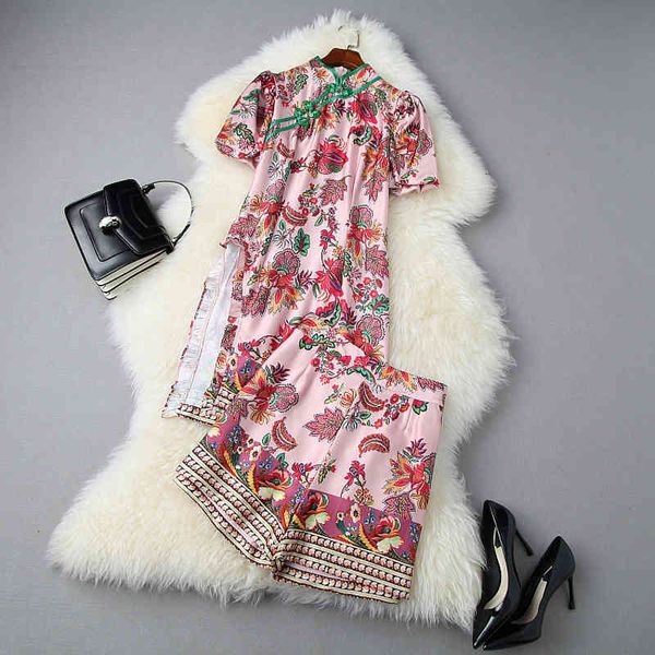 

women's tracksuits summer short sleeve stand collar pink floral print panelled cheongsam + mini wide leg s two piece 2 pieces set lj181, Gray