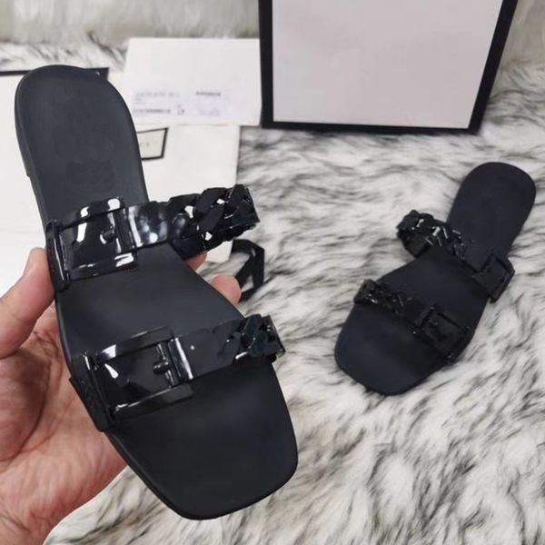 

80% off shoes summer women slippers pvc chain design flat slides luxury brand candy color jelly beach casual open toes, Black